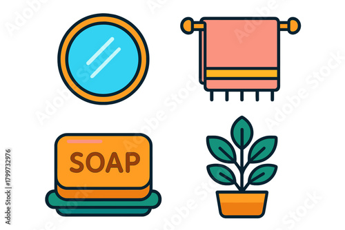 Set of essential bathroom hygiene and decor items including mirror, towel, soap, and plant