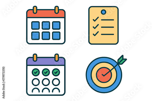 Business planning symbols showing calendar, checklist, and target for scheduling and goal setting