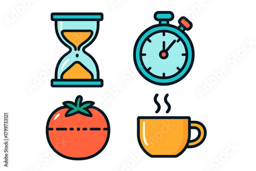 Time management and productivity icons set with hourglass, stopwatch, tomato, and coffee mug