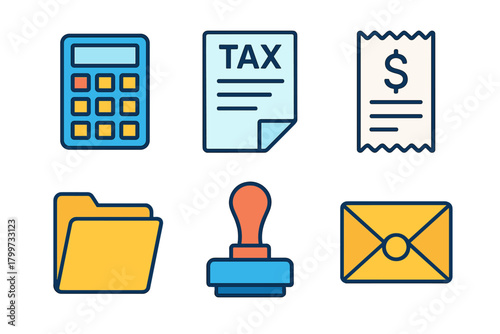 Set of business and finance icons including calculator, tax document, receipt, folder, stamp, and envelope