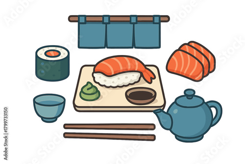 Japanese food icons set featuring shrimp nigiri, salmon sashimi, maki roll, and tea service