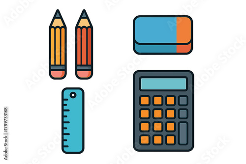 Collection of basic stationery items including pencils, ruler, eraser, and electronic calculator