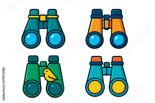 Set of four stylized binoculars icons in various colors for travel and outdoor activities