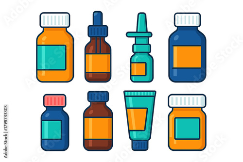 Diverse set of pharmaceutical packaging including pill bottles, dropper, nasal spray, and ointment tube