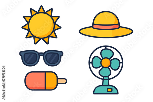 Brightly colored set of summer essentials like sunshine, sunglasses, sun hat, popsicle, and desk fan