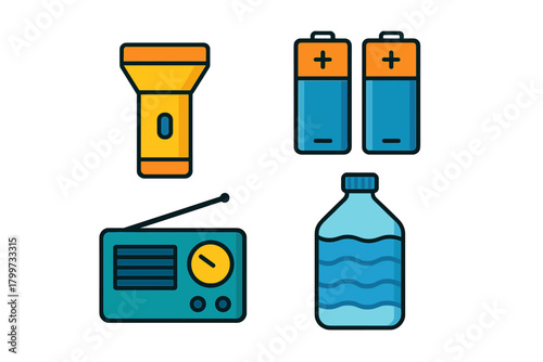 Essential supplies for disaster readiness including a flashlight, radio, batteries, and water bottle