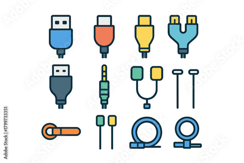Diverse collection of colorful electronic connectors, plugs, and cables for modern technology interfaces