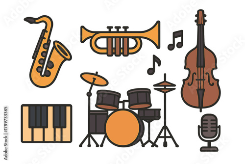 Assortment of classic band instruments like saxophone trumpet drums keyboard and upright bass
