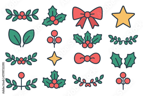Festive Christmas and winter holiday decorative elements set with holly, berries, bows, and stars