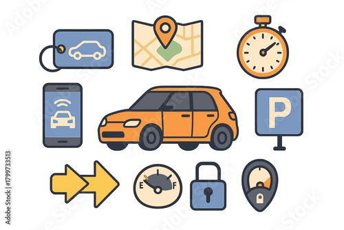 Essential symbols for car sharing, parking, navigation, and vehicle security systems
