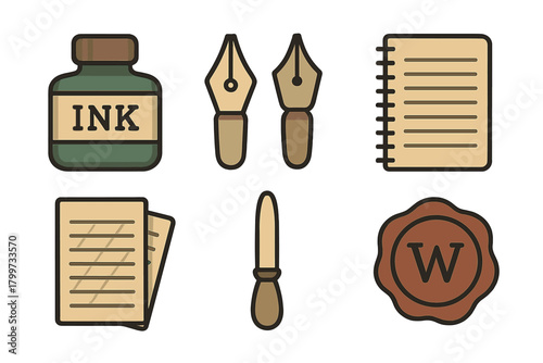 Collection of retro writing stationery including ink bottle, fountain pen nibs, and wax seal