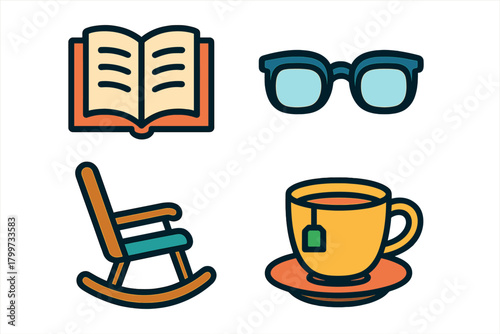 Cozy reading and relaxation icons featuring a book, eyeglasses, rocking chair, and hot tea