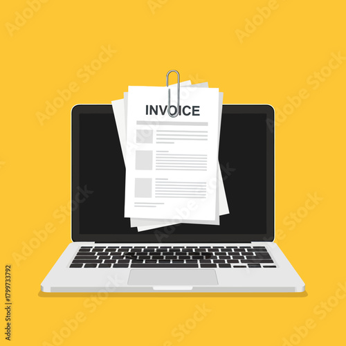 Illustration Vector of Laptop with Invoice Document and Paperclip in Flat Minimalist Style on Yellow Background