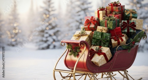 Sleigh full of christmas presents in a snowy winter landscape with trees in the background