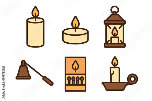 Assortment of burning candles, decorative lantern, matchbox, and candle snuffer objects