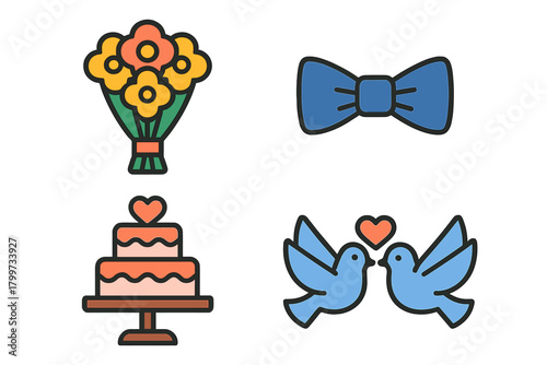 Essential wedding symbols set featuring a floral bouquet, bow tie, tiered cake, and lovebirds