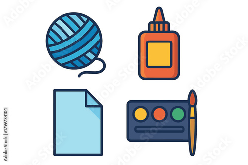Essential crafting and art supplies collection featuring yarn, glue, paper, paint, and brush