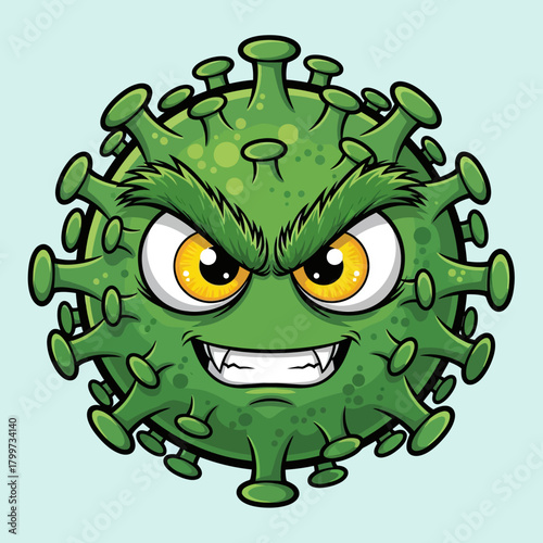 Cartoon Virus Character Vector Illustration with Green Angry Face and Yellow Eyes in Comic Style