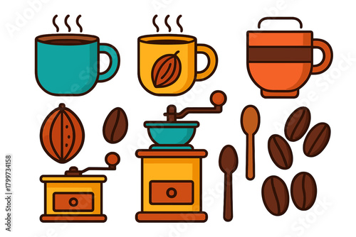 Colorful collection of coffee and cocoa elements including mugs, beans, and manual grinder