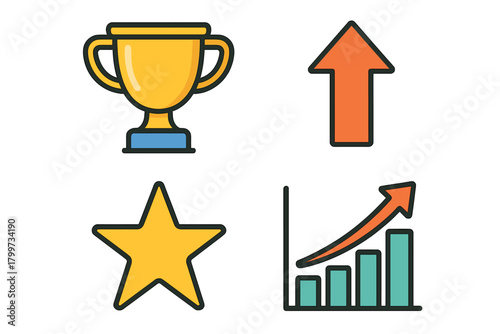 Collection of success and achievement icons: golden trophy, rating star, upward arrow, and business growth chart