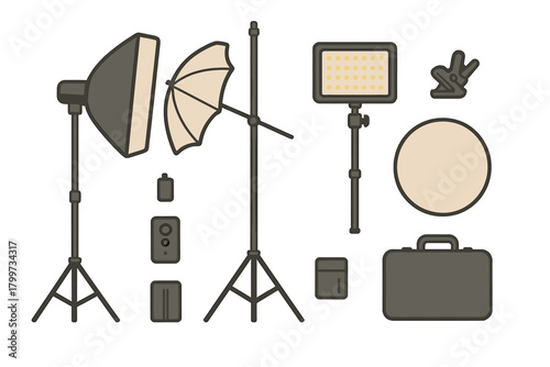 Collection of professional studio lighting equipment including softbox, umbrella, LED panel, and reflector