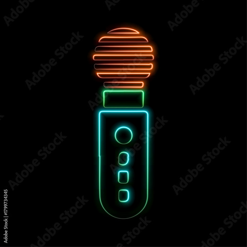 Studio acoustic microphone. Neon sign on a brick wall background. Blue violet red colors