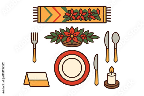 Festive dinner table setting with plate, silverware, centerpiece, candle, and place card
