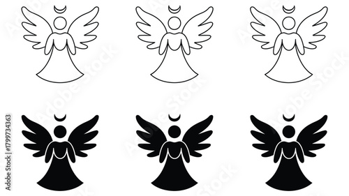 set of six stylized angel icons in black and white with halos and wings for christmas, spiritual, and decorative themes