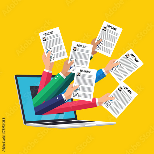 Flat Recruitment Vector Illustration with Hands Holding Resume Documents in Bright Colors