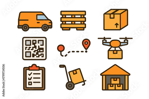 Logistics and delivery icons set featuring van, drone, warehouse, and tracking symbols