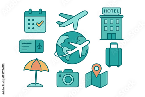Travel and vacation planning symbols including flight, hotel, luggage, and destination elements