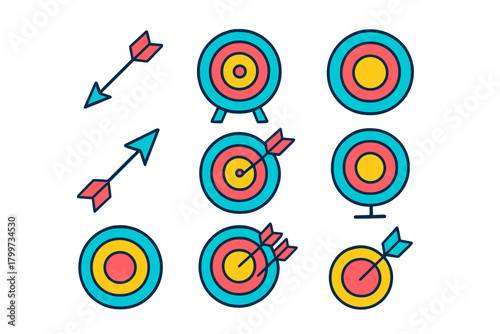 Colorful target boards and arrows showing successful bullseye hits for business goals