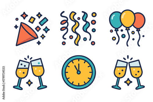 New Year celebration elements featuring countdown clock, party confetti, and champagne toast