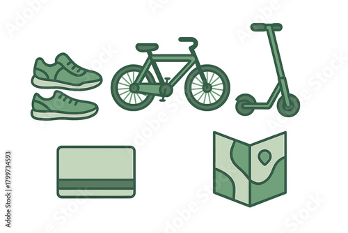 Minimalist icons of bicycle, electric scooter, running shoes, map, and credit card