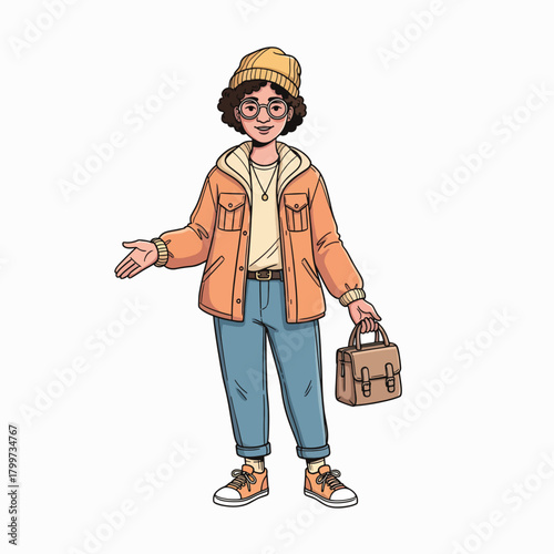 Fashionable Young Person Wearing a Stylish Orange Jacket and Jeans, Holding a Briefcase