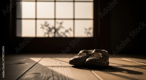 部屋の床に置かれた一足の子供靴（少子化イメージ）