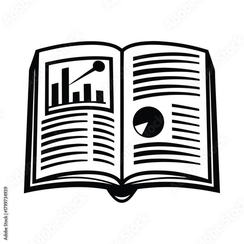 Open book displays data charts and text lines for informational reading activity