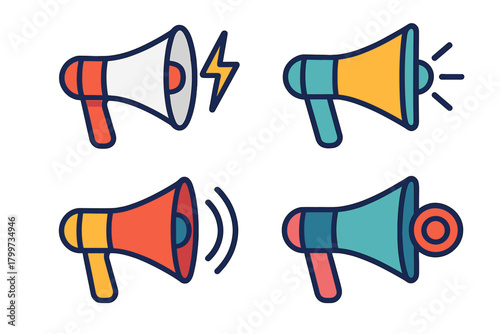 Vibrant megaphone symbols for alert, announcement, and sound communication