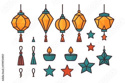 Traditional Asian festive lanterns, burning oil lamps, and decorative star elements set