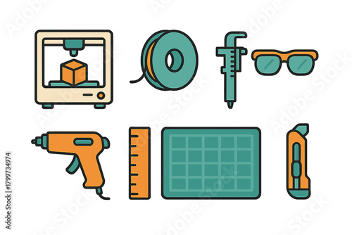 Essential tools for modern crafting and prototyping including 3D printing, measuring, and cutting equipment