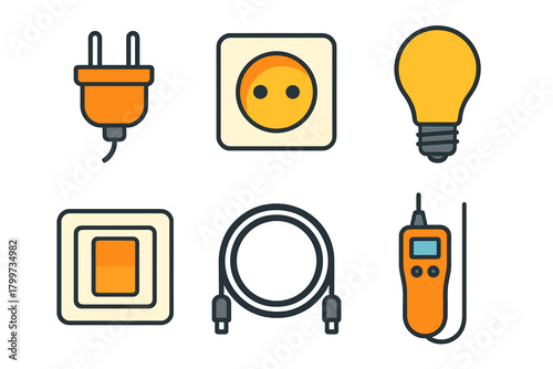 Set of essential electrical equipment featuring power plug, wall socket, light switch, light bulb, cable, and voltage tester