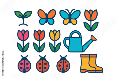 Colorful set of spring and gardening elements including flowers, insects, sprout, and tools
