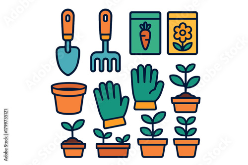 Collection of gardening tools, seed packets, protective gloves, and potted seedlings