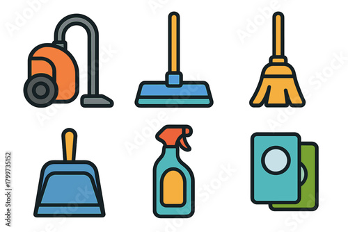 Colorful household cleaning tools and equipment icons set including vacuum, broom, mop, and dustpan