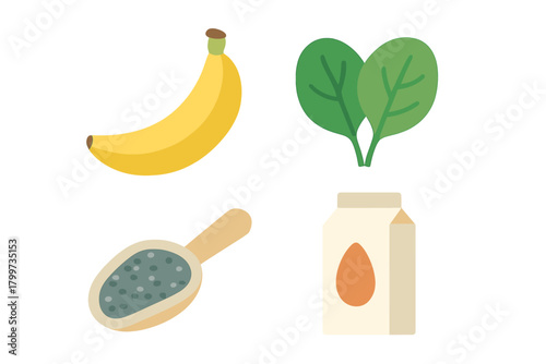 Healthy ingredients set featuring banana, spinach, chia seeds, and plant-based almond milk carton
