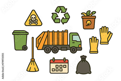 Essential symbols for waste disposal, recycling, sanitation, and environmental cleaning