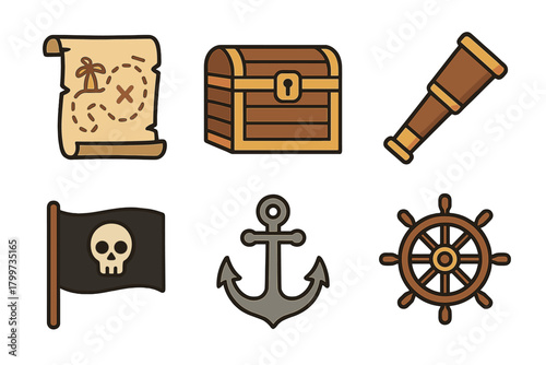 Classic pirate and nautical adventure set with treasure map, chest, flag, anchor, and ship wheel