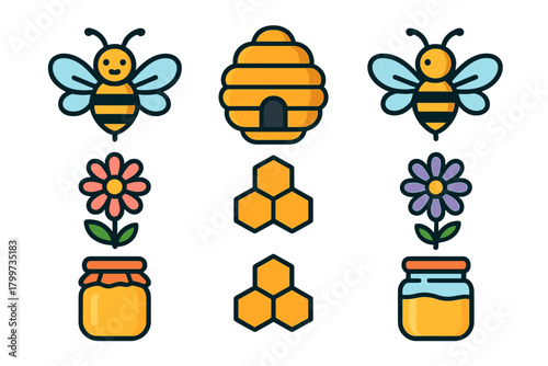Cute honey bee, beehive, honeycomb, flower, and golden honey jar elements