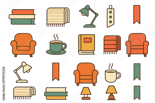 Cozy home objects and furniture for reading, relaxation, and comfort