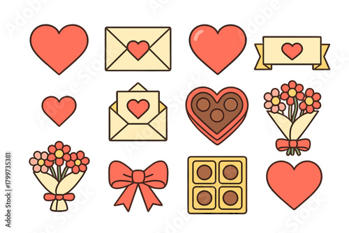 Romantic icons collection featuring hearts, love letters, chocolate boxes, and flower bouquets for Valentine's Day